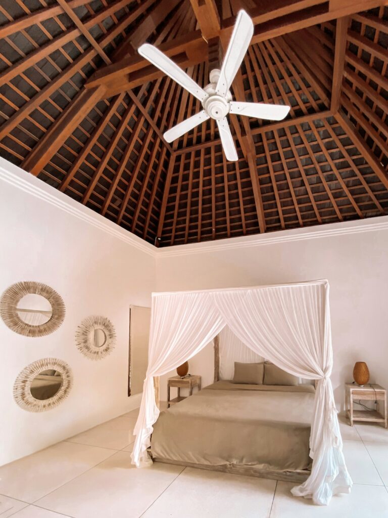 Double Room with a wooden ceiling, ceiling fan and a bed with a mosquito net